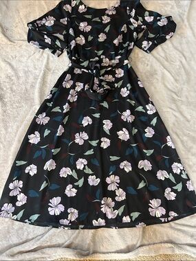Ann Taylor Black Floral Long Sleeve A-Line Dress